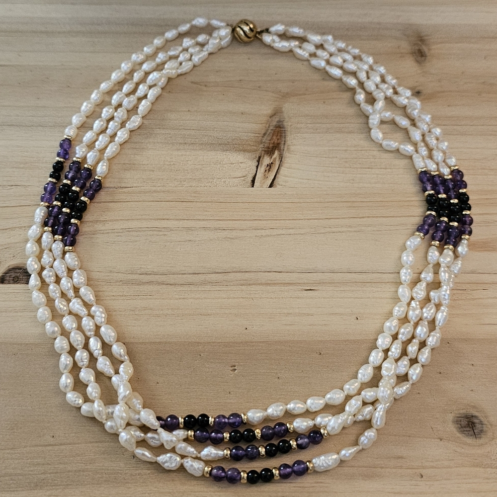 14k Yellow Gold Seed Pearl, Amethyst, and Onyx Multi-Strand Necklace